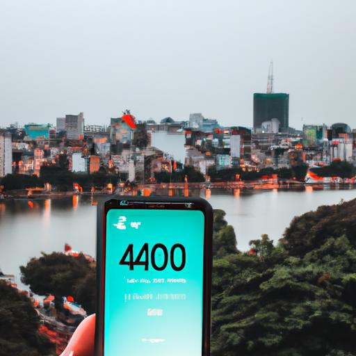 Bức ảnh thể hiện cảnh quan thành phố Hà Nội với một chiếc điện thoại hiển thị số '024' trên màn hình.
