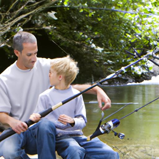 Bố và con trai đi câu cá trên sông