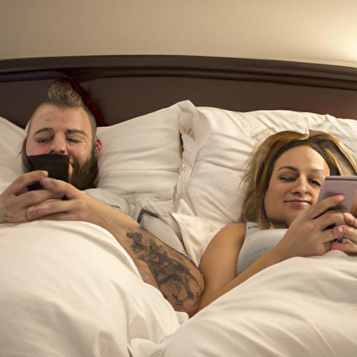 Một cặp đôi nằm trên giường bên nhau, nhìn vào điện thoại của mình.