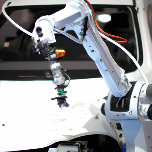 Cánh tay robot scan bộ phận ô tô trong nhà máy sản xuất.