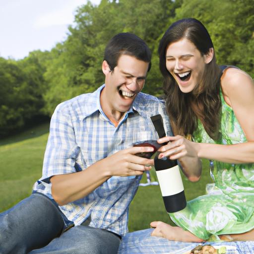 Hai người chia sẻ một chai rượu và cười đùa ở một buổi dã ngoại.