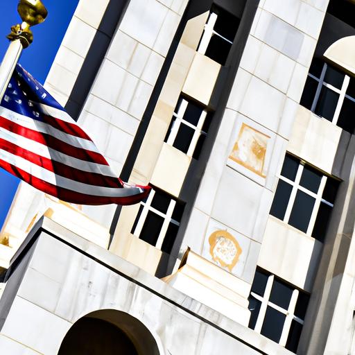 Hình ảnh tòa nhà chính quyền với cờ quốc gia tung bay phía sau.