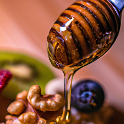 Hình ảnh một muỗng mật ong ngon lành kèm trái cây tươi và hạt dinh dưỡng.