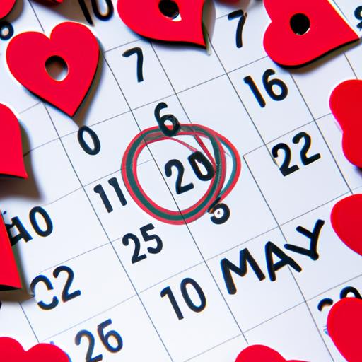 Một lịch với ngày 20 tháng 5 được khoanh tròn, bao quanh bởi những trái tim và các biểu tượng tình yêu.