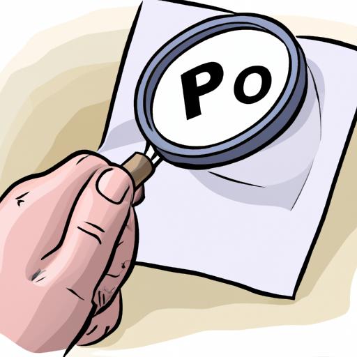 Hình minh họa người cầm kính lúp, kiểm tra chữ 'PO' trên tờ giấy.