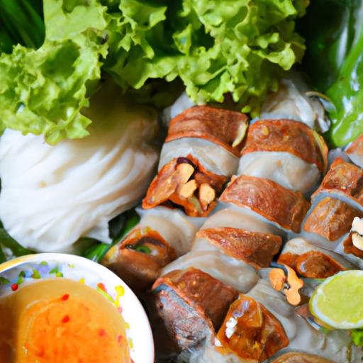 Một món ăn Việt Nam được trình bày tinh tế với màu sắc tươi sáng và các loại gia vị thơm ngon.