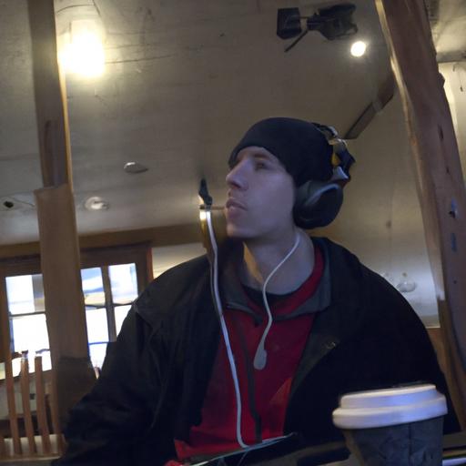 Người đang ngồi trong quán cà phê với tai nghe trên đầu, đang nghe một podcast.