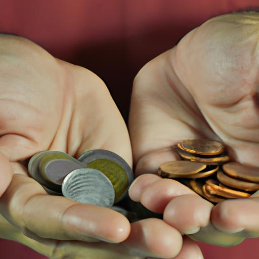 Một người đang cầm một nắm tiền xu có giá trị khác nhau. Họ đang đếm tổng giá trị sử dụng phép nhân.
