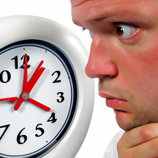 Người đang nhìn vào đồng hồ với biểu cảm lo lắng, tượng trưng cho khái niệm bị trì hoãn.