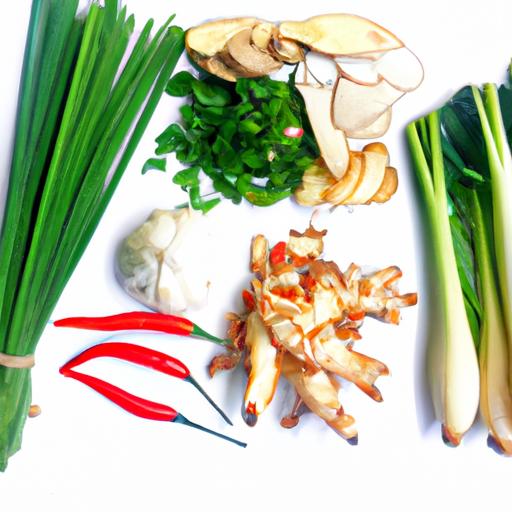 Một hình ảnh trưng bày các nguyên liệu tươi ngon khác nhau được sử dụng trong ẩm thực Việt Nam, bao gồm các loại thảo mộc, rau củ và gia vị.