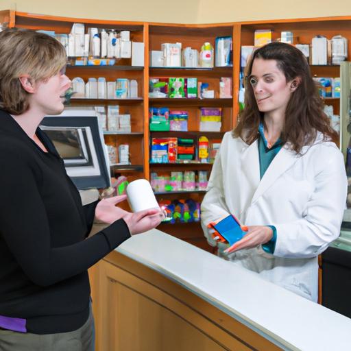 PG giải thích lợi ích của sản phẩm bổ sung sức khỏe mới cho khách hàng trong nhà thuốc.