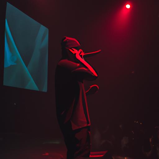 Rapper đang biểu diễn trên sân khấu trong một buổi hòa nhạc nhạc trap.